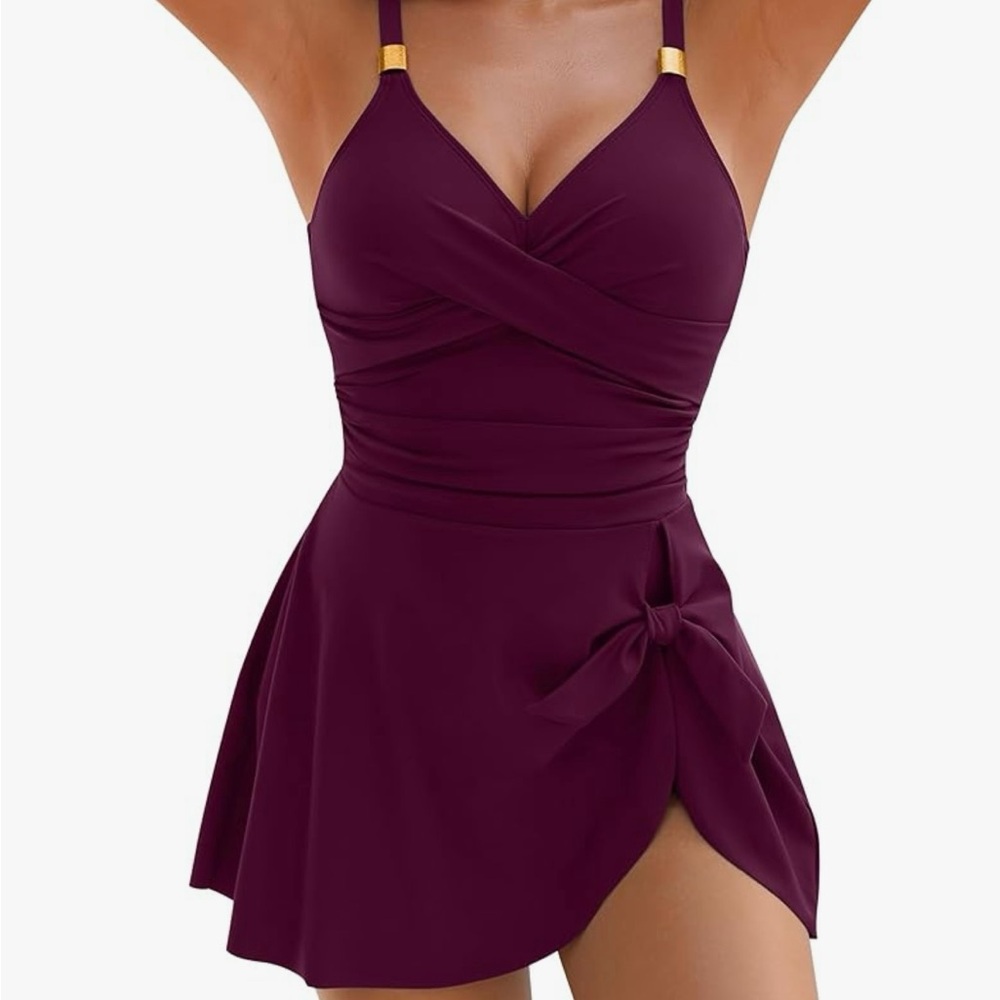NWT Women’s Burgundy One-Piece Tie-Front Swim Dress/Swimsuit - Size 14/XXL